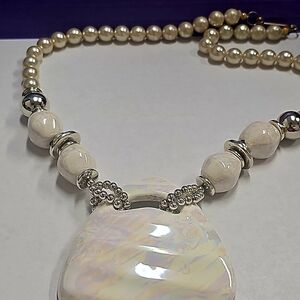 1980s Retro Chunky Creamy White Enamel and Pearl 24" Necklace With Pendant